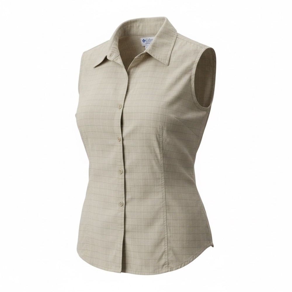 Columbia Beige Plaid Sleeveless Button Up Shirt Women L Cotton Hiking Camp